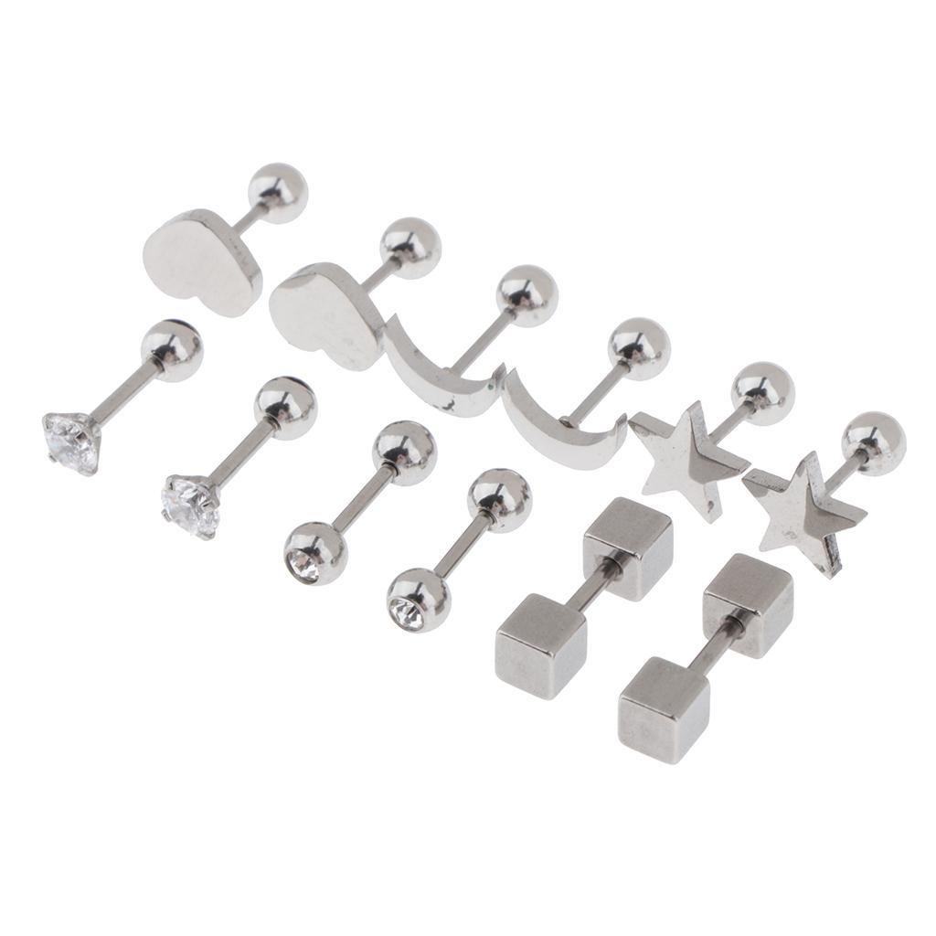 2X 6 Pairs Stainless Steel Ball Screw Back Earrings Star Heart Moon Stud Silver