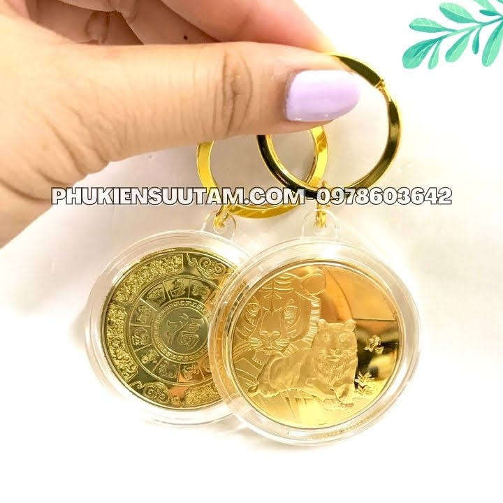 Móc Khóa Xu 12 Con Giáp Tuổi Dần, đường kính: 5cm, màu: vàng - SP005831