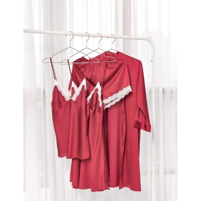 Set áo choàng váy ngủ lụa 2 dây phối ren sang trọng tặng kèm quần chip ren xinh xắn