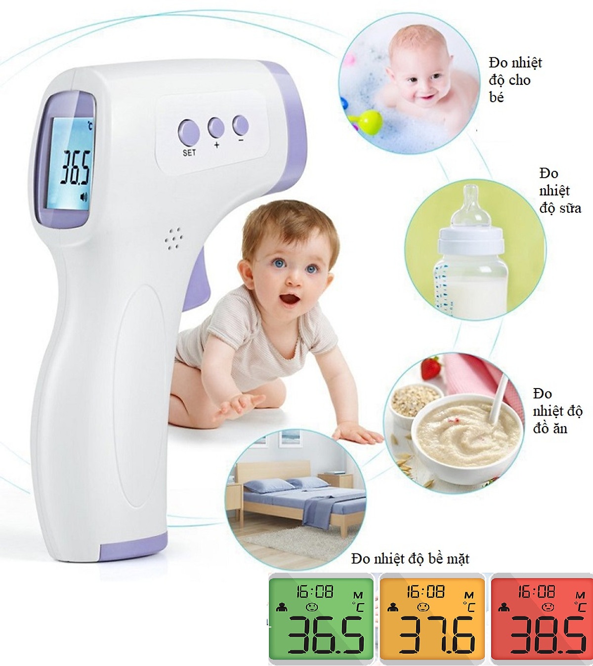 Nhiệt kế đo nhiệt độ chỉ trong  1 giây là có kết quả đo, không tiếp xúc với cơ thể, bảo đảm vệ sinh., đo nhiệt độ sữa cho bé, nước tắm và nhiệt độ phòng