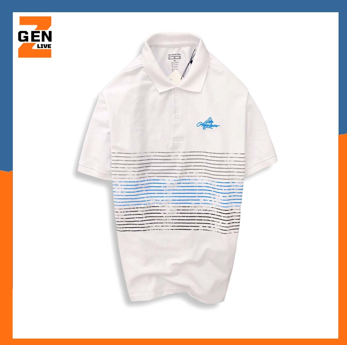 ÁO THUN NAM TAY NGẮN CỔ BẺ PHỐI SỌC NGANG, LOGO THÊU, TAY BO - LZPS151
