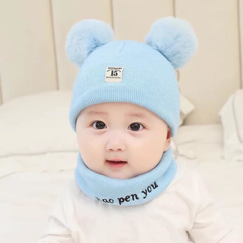 Set Mũ Len Kèm Khăn Quả Bông Cho Bé 