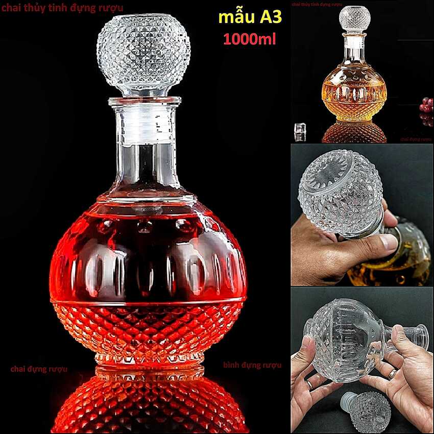 Bình Đựng Rượu Thủy Tinh 1 Lít mẫu tròn bầu hoa văn chấm bi – Chai Thủy Tinh Đựng Rượu 1000ML - Vỏ Chai Rượu Đẹp