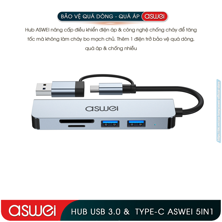 Hub Chuyển Đổi USB Type C ASWEI 5 in 1 To USB 3.0, SD, TF - Hàng Chính Hãng
