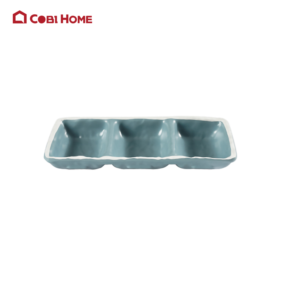 Chén chấm 3 ngăn màu xanh có viền trắng bằng melamine