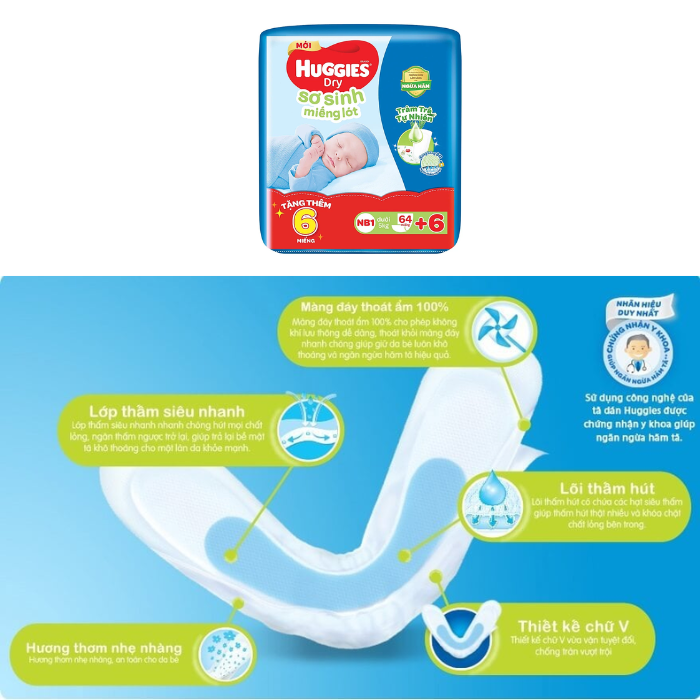 Miếng lót sơ sinh NB1 HUGGIES DRY 64 miếng + 6 miếng cùng loại