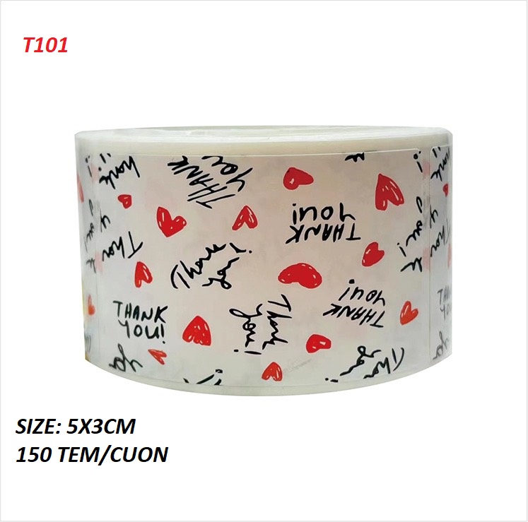 T101_Tem dán chữ &quot; Thank you&quot; _SIZE: 3X5cmCM, 150 tem/cuộn