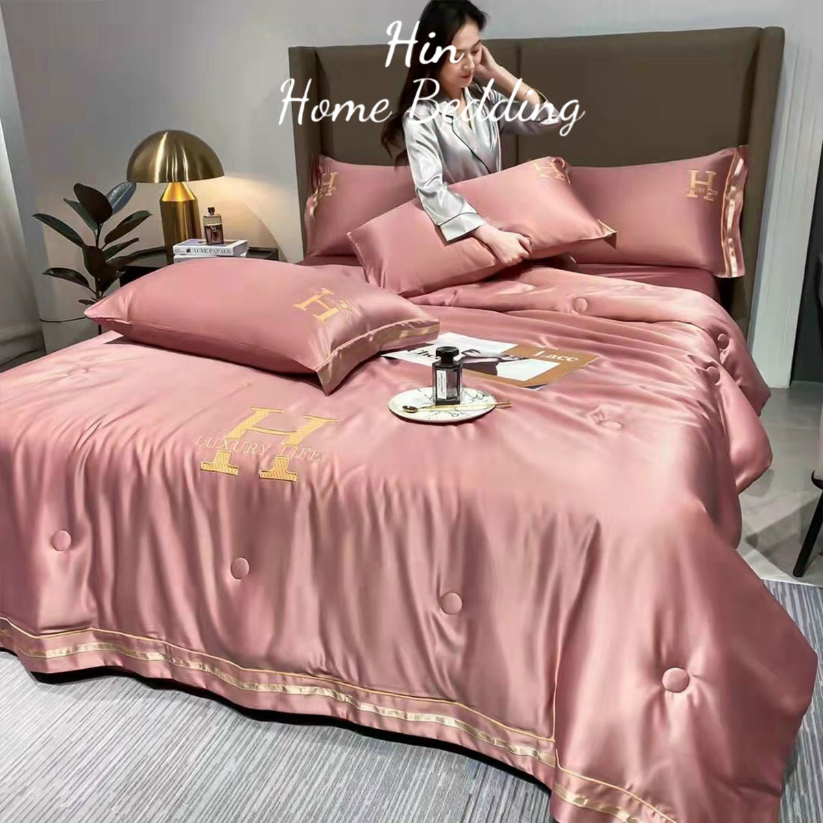 Bộ Chăn Ga Gối Đệm 5 Món Chăn Phao Lụa Thái Hin Home Bedding Drap Giường Lụa Mẫu Hồng