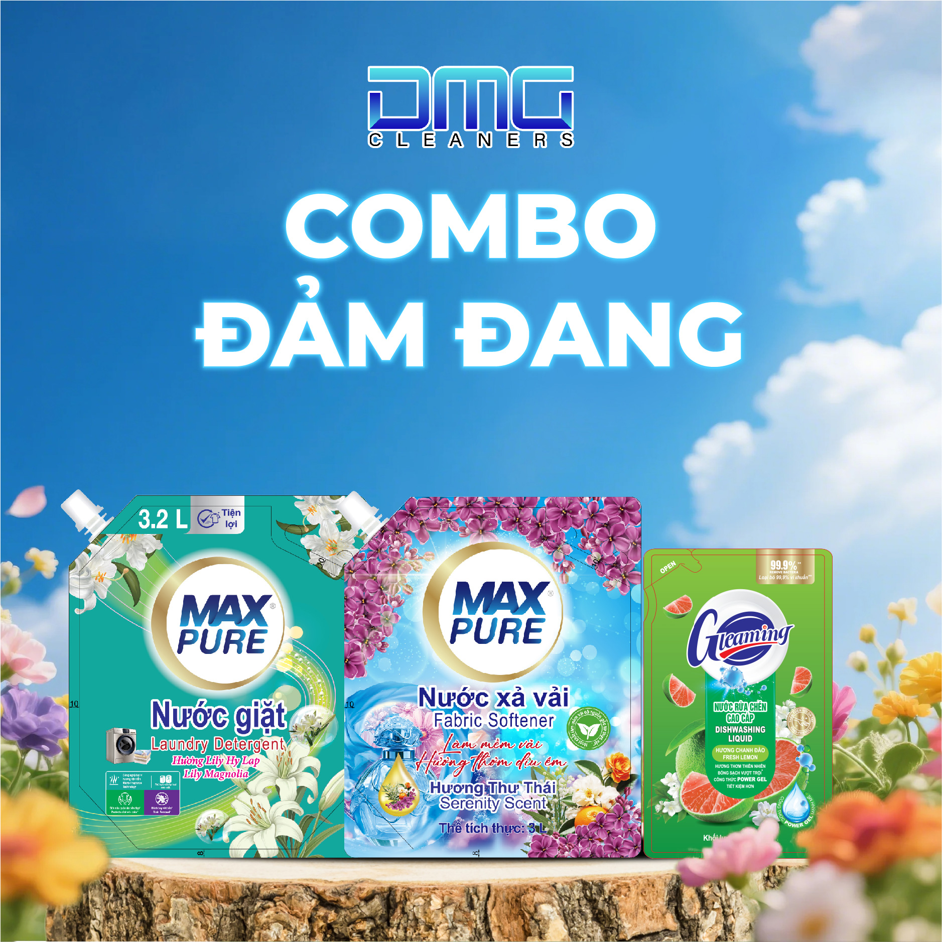 Combo Đảm Đang: 1 Túi Nước Giặt 3,2L Hương Lily Hy Lạp + 1Túi Nước Xả 3L Hương Thư Thái + 1 Túi Nước Rửa Chén Bát 200ml Hương Chanh Đào