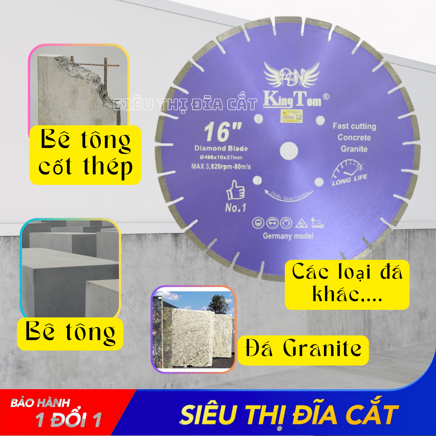 LƯỠI CẮT BÊ TÔNG ĐÁ GRANITE KINGTOM TÍM 400MM KHÔ LỖ 27 - Lưỡi Bén - Siêu Tốt - Sức Công Phá Mạnh