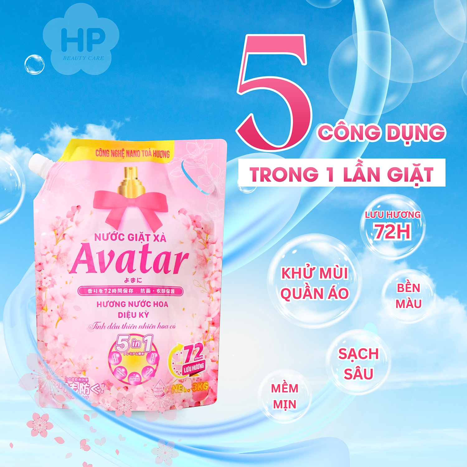 Nước Giặt Xả Avatar 5 Trong 1 Lưu Hương 72h 2 Mùi Hương (Túi 3kg)