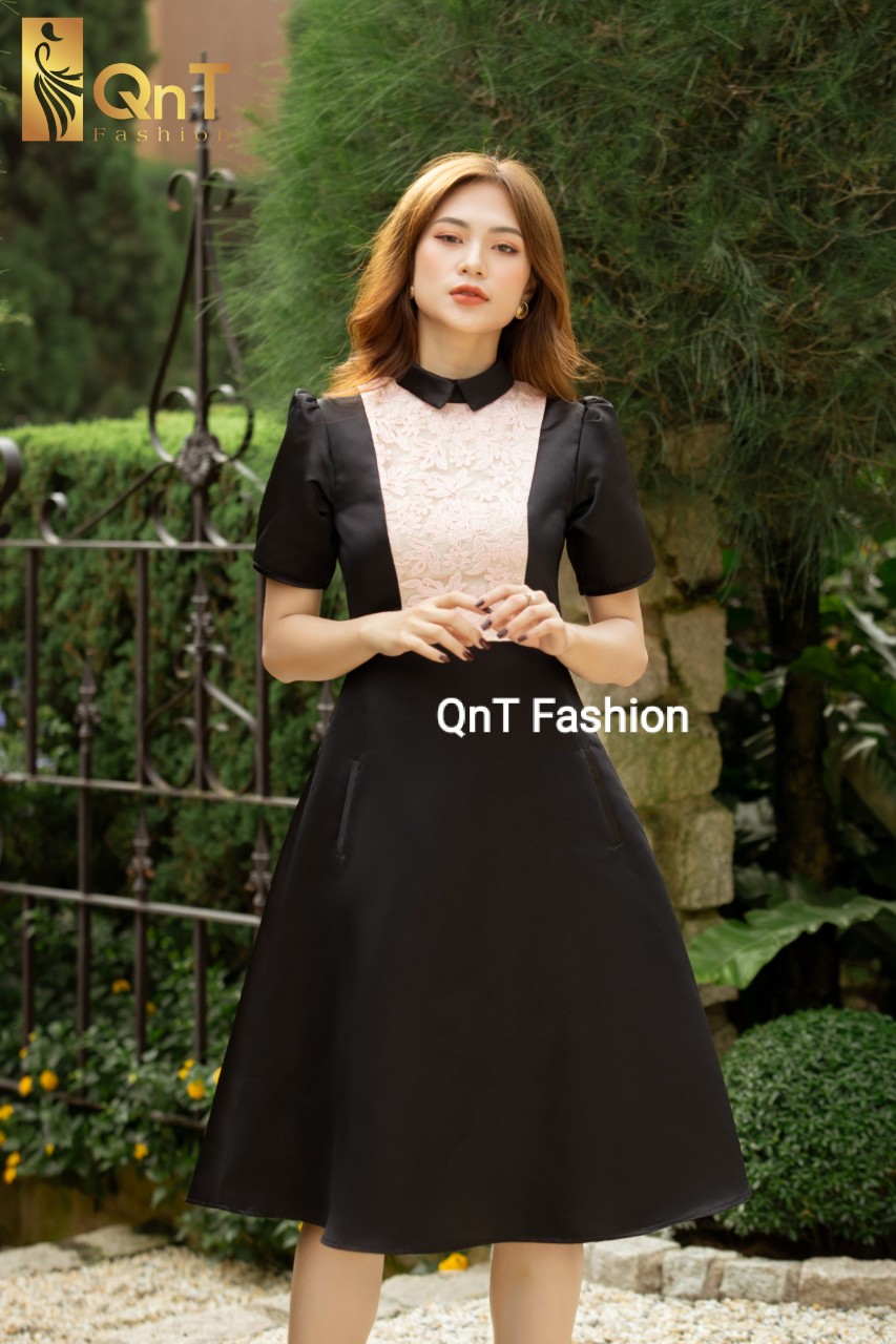Đầm dự tiệc thiết kế dáng xòe-Đầm tafta đen 2 lớp phối ren chân A sang trọng,thanh lịch đi tiệc,đi làm hay đi chơi