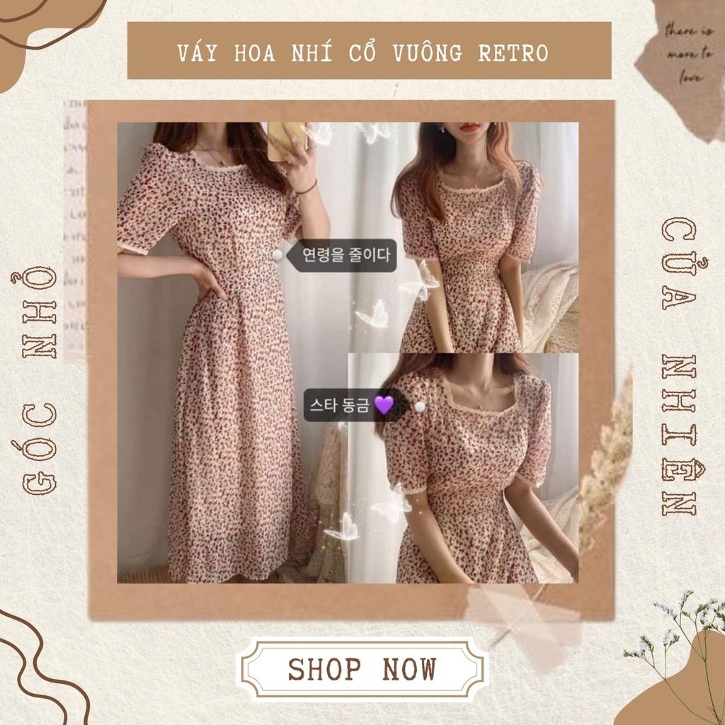 Váy Hoa Nhí Cổ Vuông Viền Ren Vintage Thắt Nơ Eo