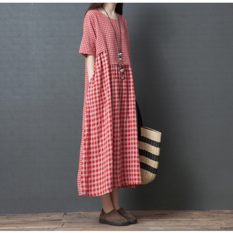 Đầm bầu suông Linen form rộng dài, kẻ caro 2 màu đỏ và đen, mặc đi làm đi chơi đều xinh B201