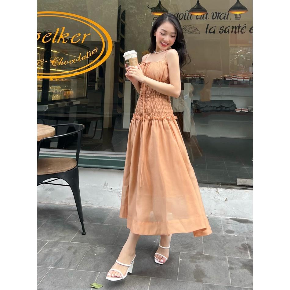 KIOBI - Đầm Moonlight form midi 2 dây ôm ngực, hạ eo nhún thun smocking, tùng xòe, vải organza tơ caramel - KID225169CRM