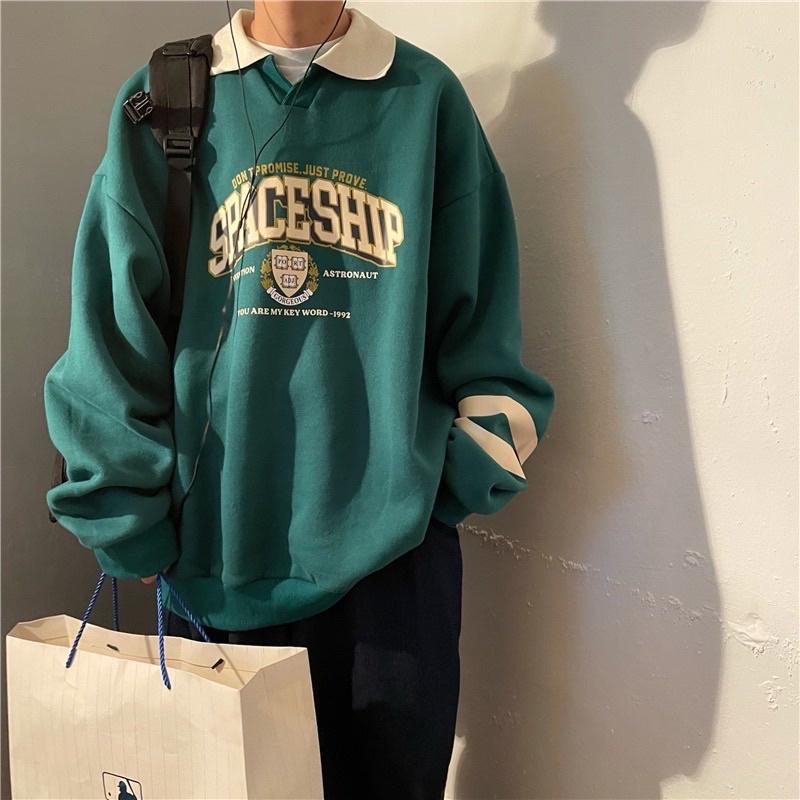 Áo Sweater Polo Nỉ Bông Unisex SPACESHIP màu XANH form rộng ️ Chất nỉ form nam nữ unisex/Áo tay dài có cổ Jaystoree