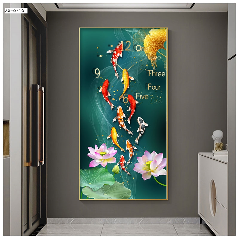 Đồng Hồ Treo Tường Cao Cấp Mẫu Cá Và Hoa Sen - Tranh Tráng Gương Treo Phòng Ngủ, Phòng Khách