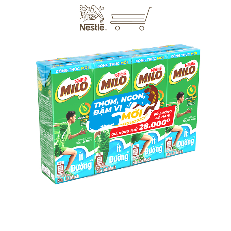 [GIÁ DÙNG THỬ] Sữa lúa mạch Nestlé MILO ÍT ĐƯỜNG (thùng 48 hộp x 180ml)