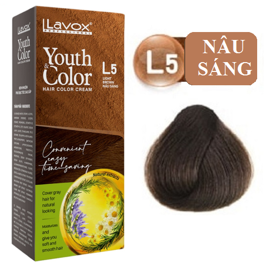 Nâu Cà Phê(Nâu Sáng L5) - Kem Nhuộm Dưỡng Tóc Phủ Bạc Lavox Youth&amp;Color L5 - Màu Nâu Cà Phê (Mẫu Cũ Nâu Sáng)