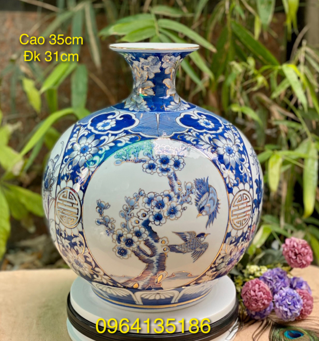 Bình hút tài lộc vẽ vàng tứ cảnh bốn mùa h35cm gốm sứ Bát Tràng