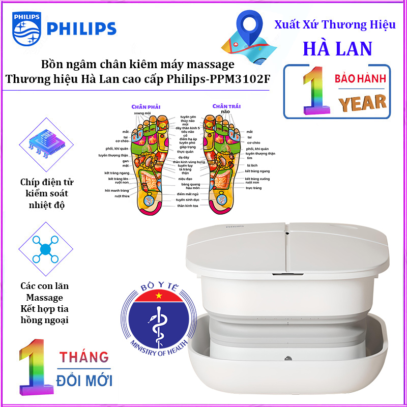 Bồn ngâm chân kiêm máy massage, tích hợp tia hồng ngoại điện xung. Thương hiệu Hà Lan cao cấp Philips - PPM3102F