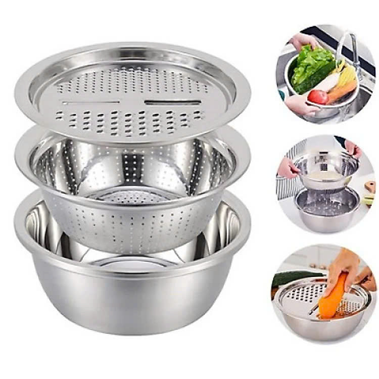 ️ Bộ 3 Món Bào ️ Nạo Rau Củ Kiêm Rổ và Chậu Inox Cao cấp Đa Năng PaKaSa - Hàng chính hãng