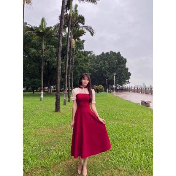 ĐẦM ĐỎ CỔ TRÒN VIỀN NGỌC ĐI TIỆC