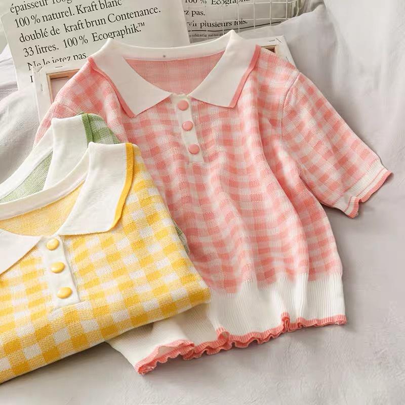 Áo polo caro dệt kim nữ tay ngắn dáng rộng len mongtogi kiểu cổ bẻ phối màu thời trang hàng đẹp Quảng Châu cao cấp