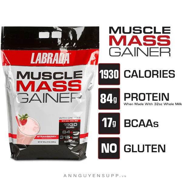 Sữa Tăng cân &amp; Tăng cơ - Muscle Mass Gainer từ Labrada - Cung cấp Calories, Protein, BCAAs &amp; 20 Loại Vitamin Khoáng chất - Hỗ trợ tăng cân tăng cơ nhanh cho người gầy kén ăn, khó hấp thụ thức ăn tự nhiên