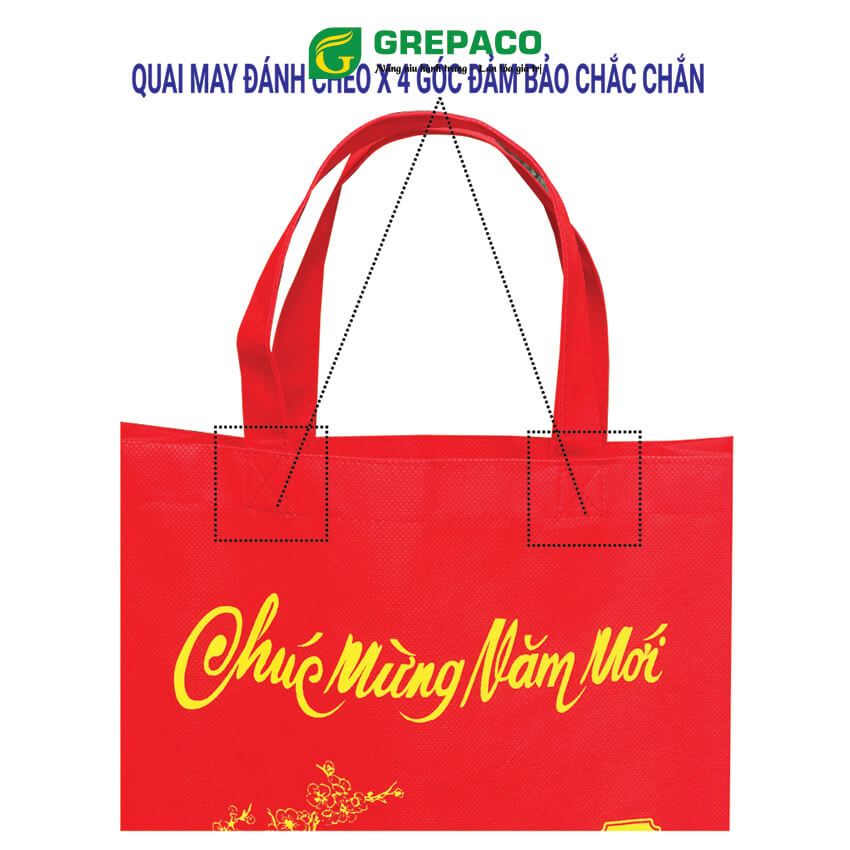 Túi Đựng Quà Tết Grepaco Màu Đỏ In Chúc Mừng Năm Mới Và Họa Tiết Hoa Mai Đẹp Bằng Vải Không Dệt Định Lượng Dày Kiểu Túi Xách Dạng Hộp - Combo Gói 10 Cái