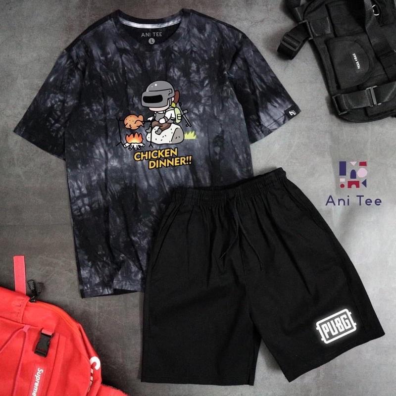 Combo Áo Loang Thun Cotton 100% + Quần Short Kaki Unisex Tay Lỡ Form Rộng - Pubg