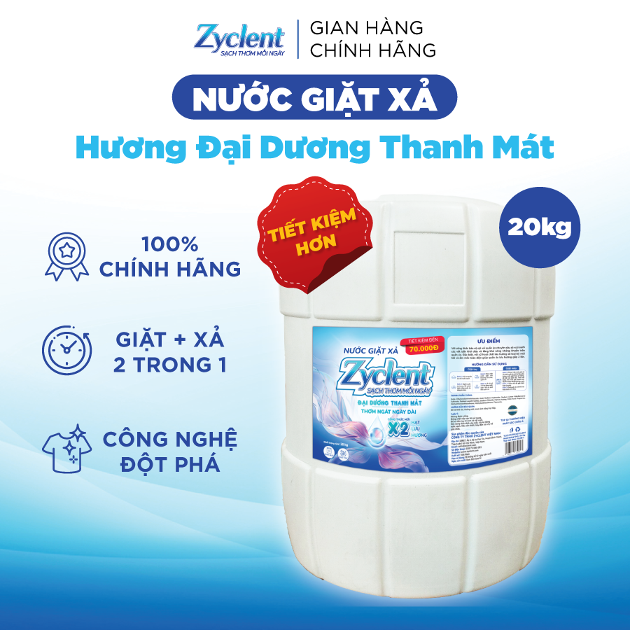 Nước Giặt Xả Zyclent Superior Hương Đại Dương Thanh Mát 20KG - SIÊU TIẾT KIỆM