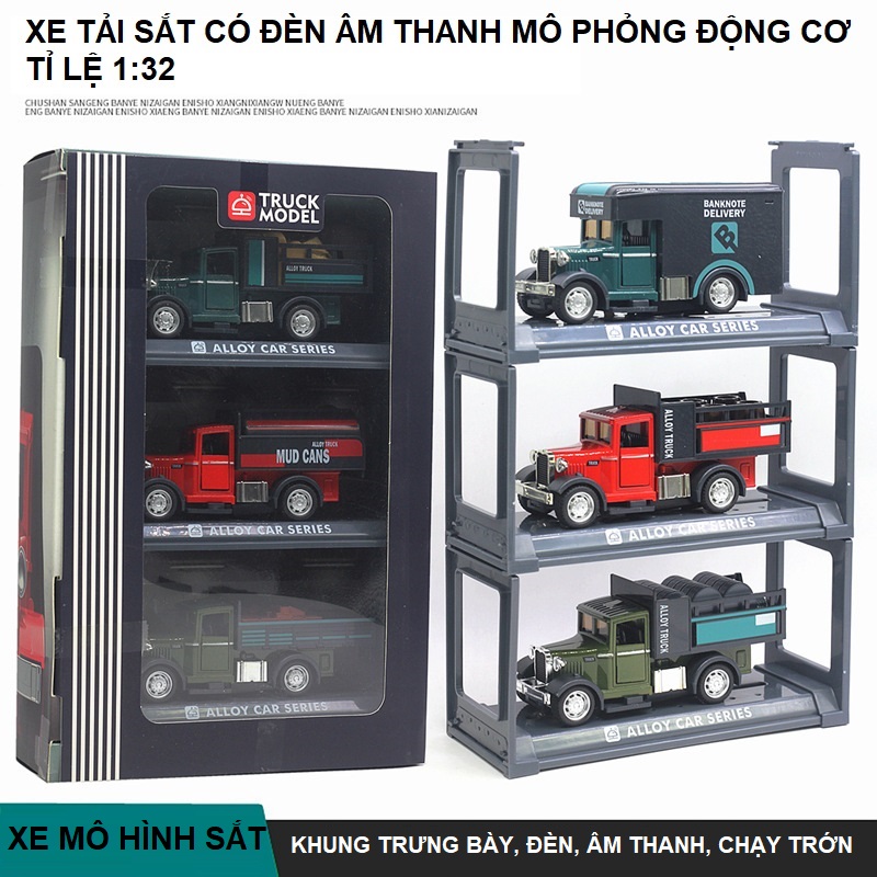 Bộ xe tải mô hình die-cast vỏ kim loại tỉ có đèn âm thanh mô phỏng chạy trớn lệ 1:32 độc đáo mới lạ, hộp combo 3 xe