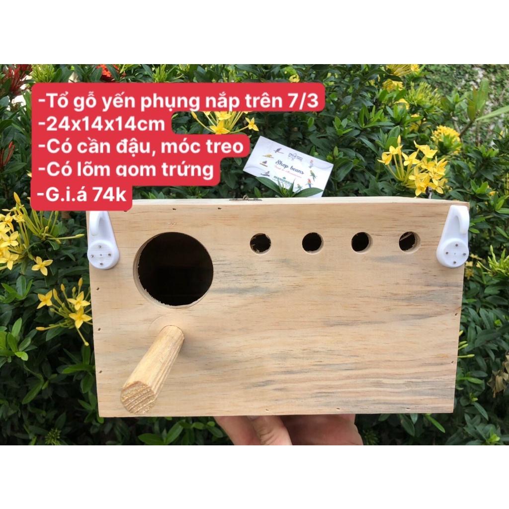 Tổ gỗ dành cho chim yến phụng nắp trên 7/3 có lõm gom trứng kèm cần đậu và móc treo