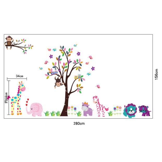Decal trang trí tường - Thân Cây sắc màu vui chơi cùng Thú Voi hồng phun tim 03