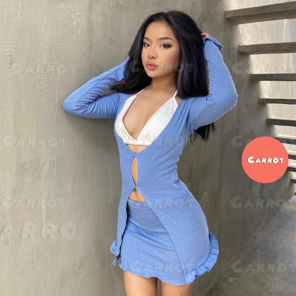 Áo croptop tay dài thiết kế xanh chân váy ôm body áo ngực trắng sexy carrotxinhdep chất vải co giãn đi biển +