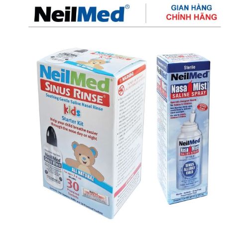 Combo Baby 24h Care: Bình Xịt Rửa Vệ Sinh Mũi Xoang NeilMed Sinus Rinse &amp; Spray Kids -SX Mỹ, hỗ trợ điều trị Sổ Mũi, Nghẹt Mũi và Viêm Mũi Cho Bé (Bình 30 gói muối rửa; 1 chai xịt phun sương 75ml)