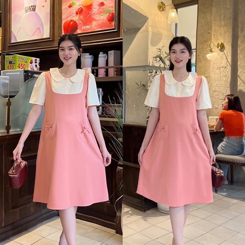 Đầm bầu yếm liền cổ sen phối túi đính nơ form suông thanh lịch chất cotton lạnh Váy Bầu Xinh - Nâu