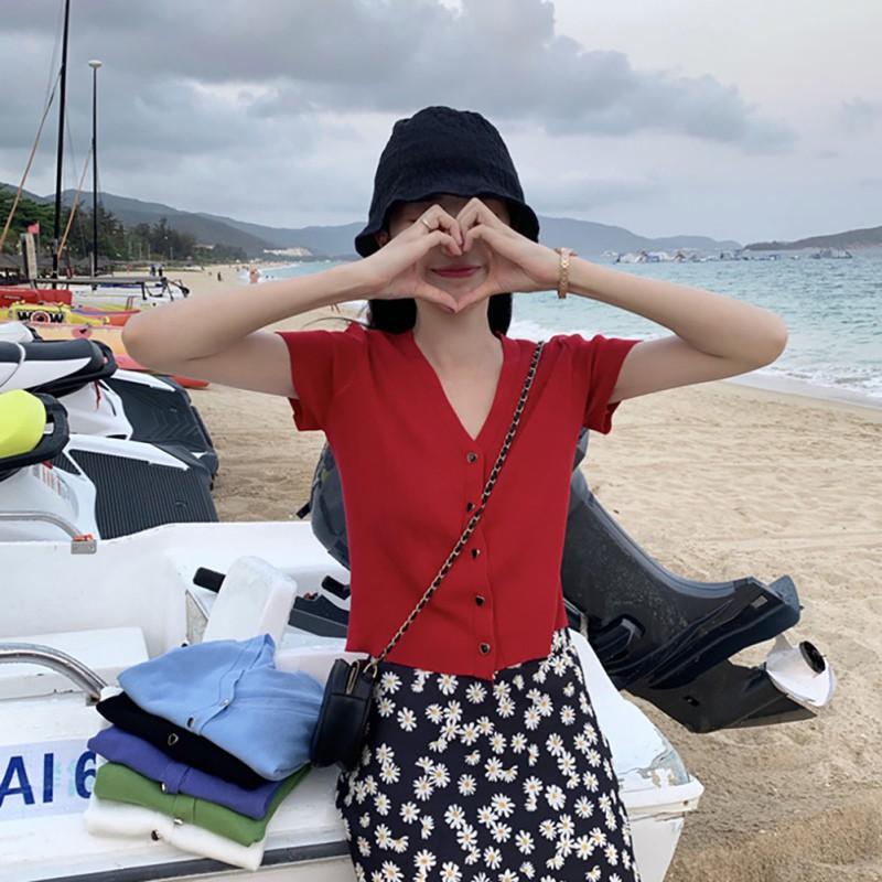 Áo Dệt Kim Ngắn Tay Cổ Chữ V Thời Trang Mùa Hè Hàn Quốc