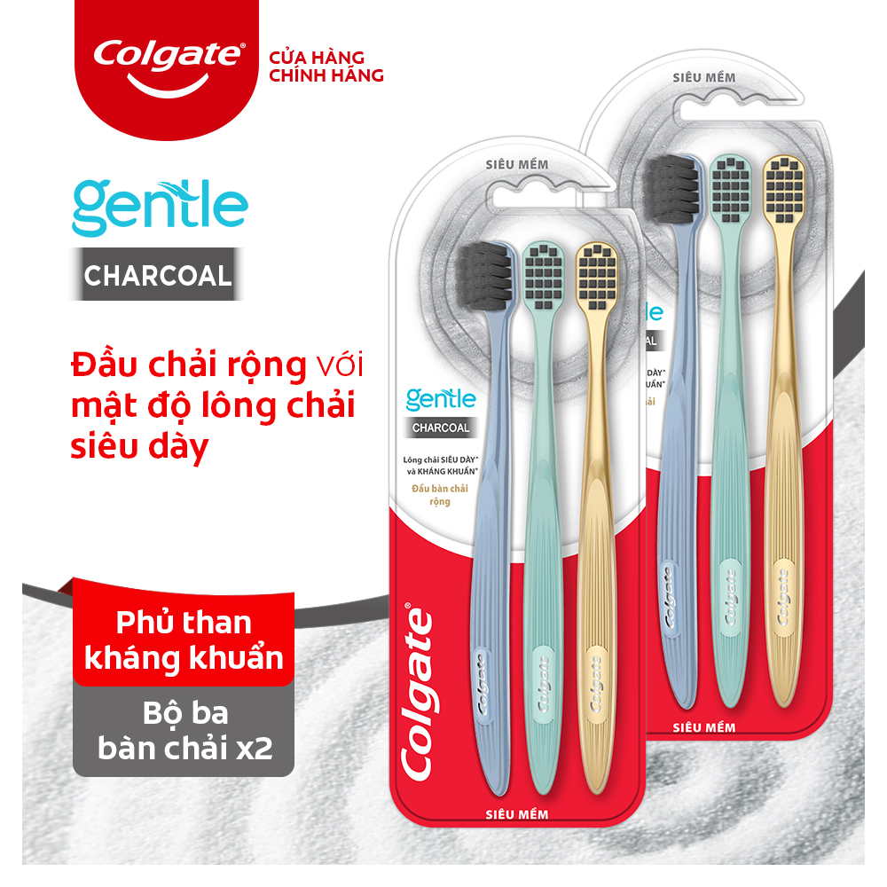 Bộ 6 bàn chải Colgate Gentle Comfort Charcoal đầu chải rộng, than hoạt tính kháng khuẩn