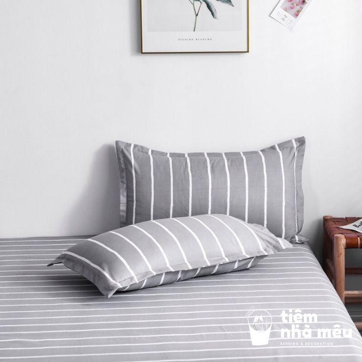 Bộ Chăn Ga Gối Cotton 3D m6/m8/2m - Full size Tiệm Nhà MêuSet 4 Món 2 Vỏ gối ,drap vỏ chăn Kẻ Xám Đơn Giản Nhập Khẩu