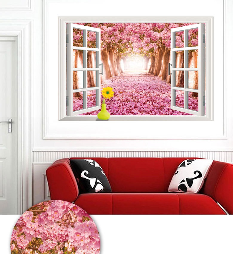 Decal dán tường Cửa sổ 3D con đường hoa anh đào AmyShop DCS017