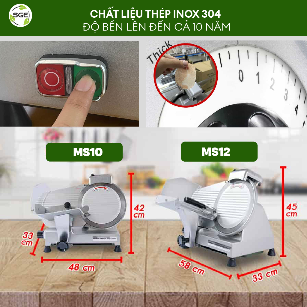 Máy thái thịt, thịt đông lạnh, thái rau củ bán tự động MS10, hàng chính hãng SGE Thailand. Phù hợp dùng cho nhà hàng, hộ kinh doanh thực phẩm, siêu thị.