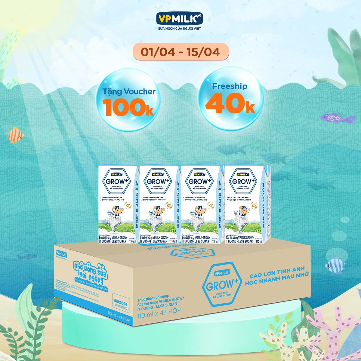 Sữa Tiệt Trùng Ít Đường VPMilk Grow+ Hộp 110ml (Thùng 48 Hộp)