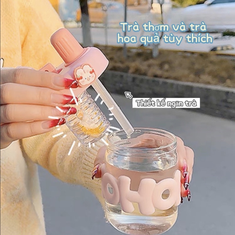 Bình - Cốc thủy tinh có ống hút, dây đeo kèm khay lọc, stick nổi