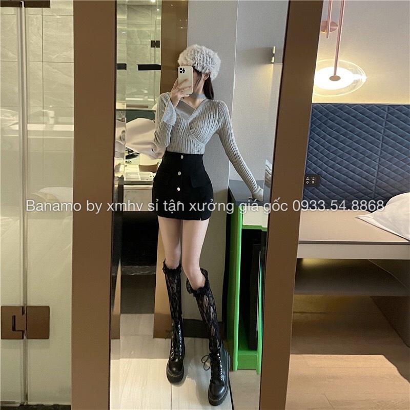 Quần váy cạp cao khuy dọc cá tính phong cách hàn quốc thời trang Banamo Fashion 6319