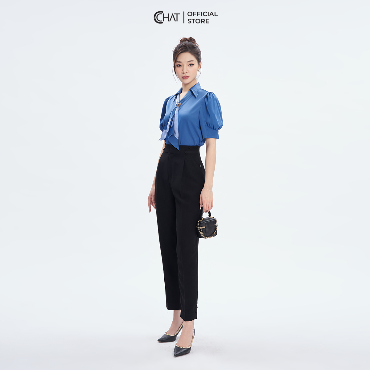Áo Sơ Mi Nữ  Kiểu Cổ Đức Mở V Phối Khăn Chất Lụa Mềm Mịn 53SNL2005ST