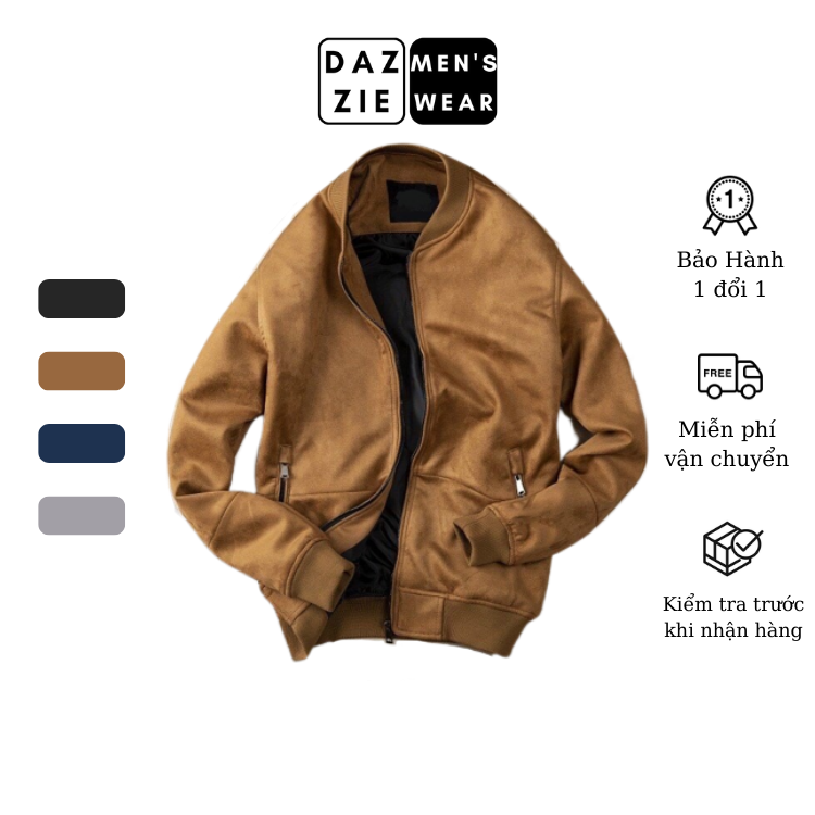 Áo Khoác Nam cổ Bomber DazzieMenwear chất Da lộn Cao Cấp, Thời trang