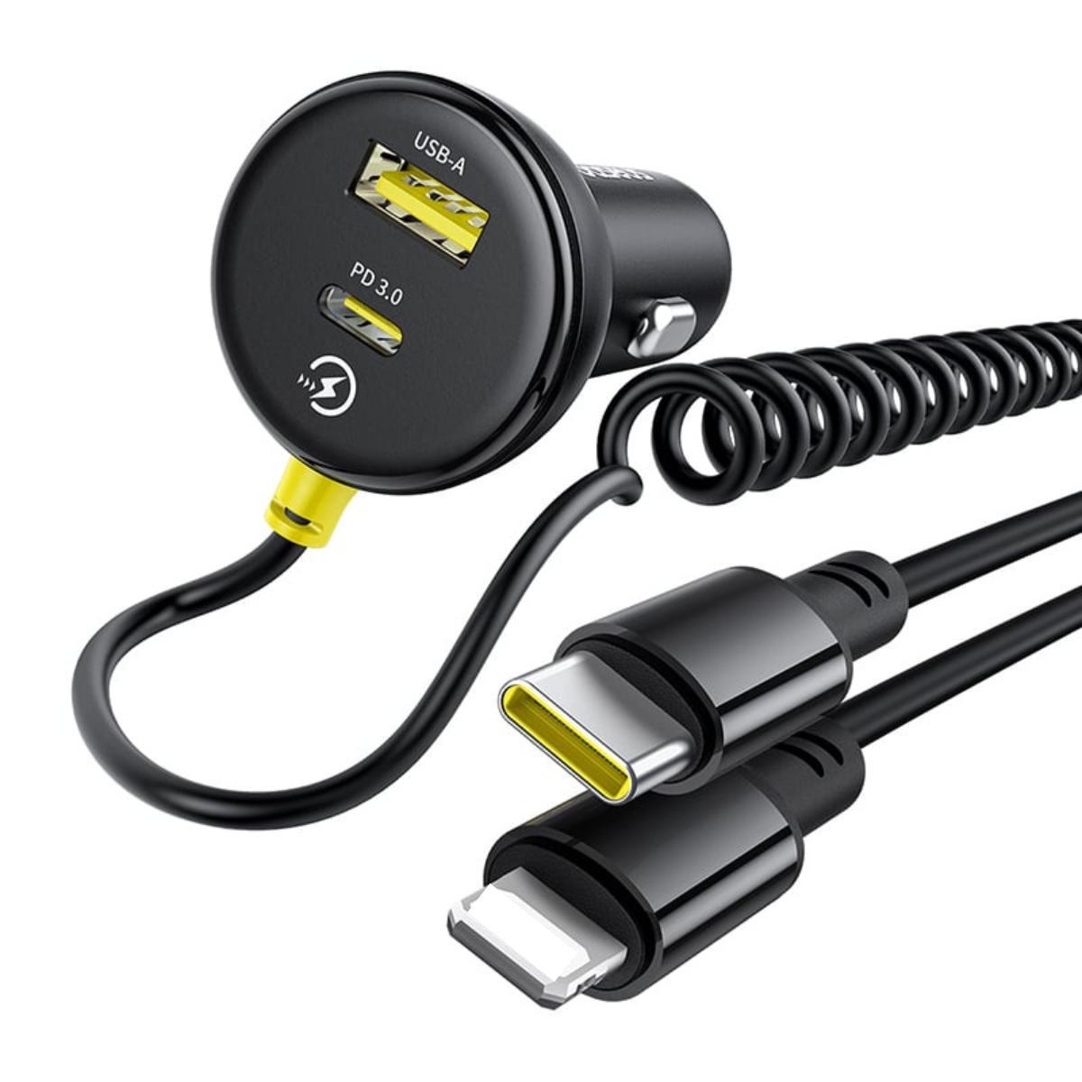 Tẩu sạc nhanh 2 cổng trên ô tô 60W Baseus Circular Plastic Car Charger tích hợp cáp lò xo Type C và iP - Hàng chính hãng