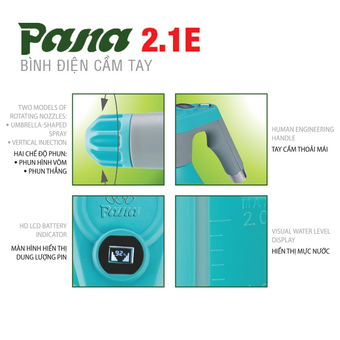 Bình xịt điện, Bình phun thuốc trừ sâu điện cầm tay Pana 2.1E | 2 lít, thích hợp tưới cây, phun thuốc cho sân vườn